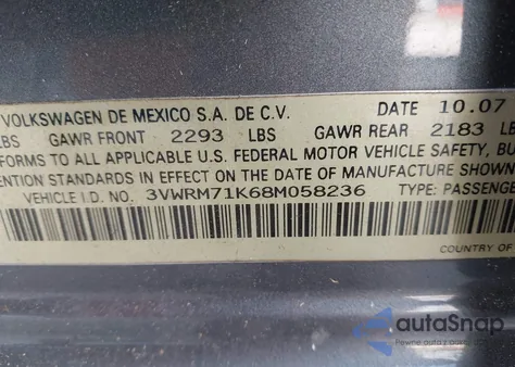 2008 Volkswagen Jetta Sel из США, поврежденный, VIN 3VWRM71K68M058236